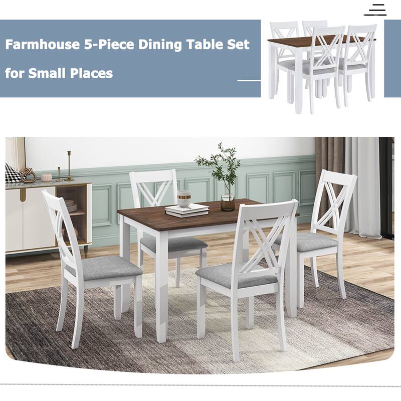 5-Piece Dining Table Set, Rectangular Table with Four Upholstered Seats, Kitchen Table with Wooden Legs