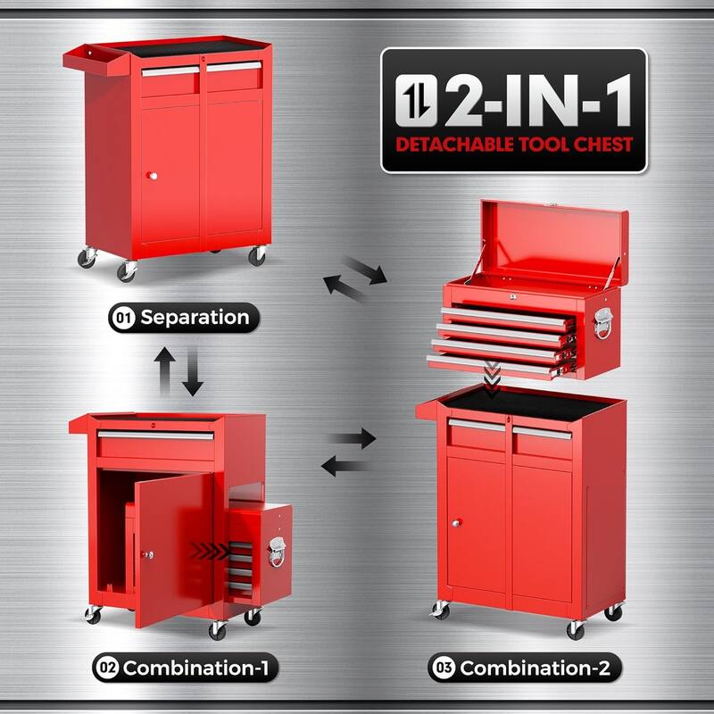 5 Drawer 2 in 1 Rolling Tool Chest Storage Box Garage Rolling Cabinet with Detachable Top Tool Box and Universal Lockable Wheels