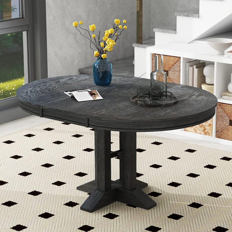 Farmhouse 56" Dining Table Expandable Round Design for Kitchen and Dining Room with X-Shape Support - Black