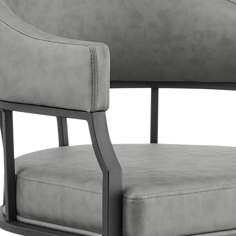 Tibby Swivel Dining Chair, Tilt Rolling, Black Iron, Gray Faux Leather