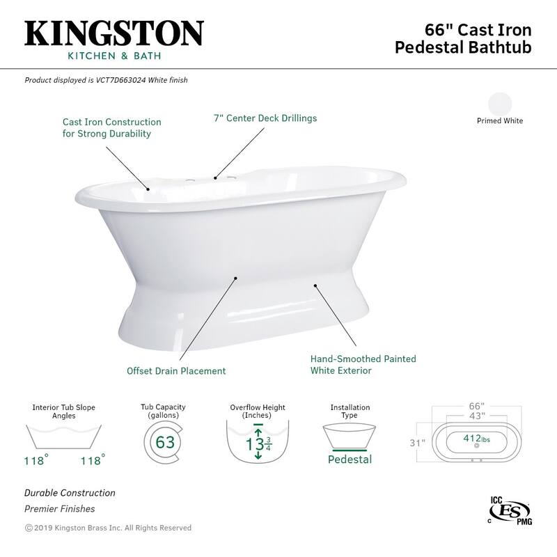 Kingston Brass Aqua Eden 66" Cast Iron Free Standing Tub with 7"