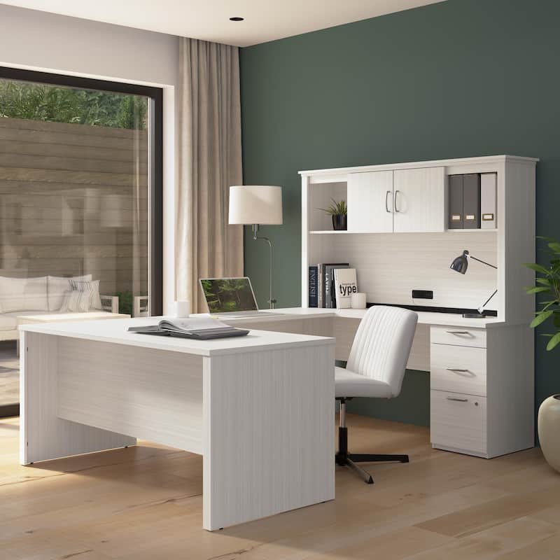 Bestar Logan 66-inch U or L Shaped Desk with Drawers and Hutch