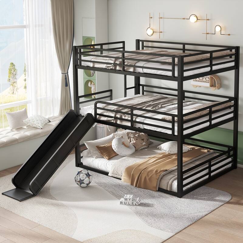 Twin/Twin/Full Triple Bunk Bed with Slide - Metal Frame, Safety Guardrails, Noise-Reduced (Black)
