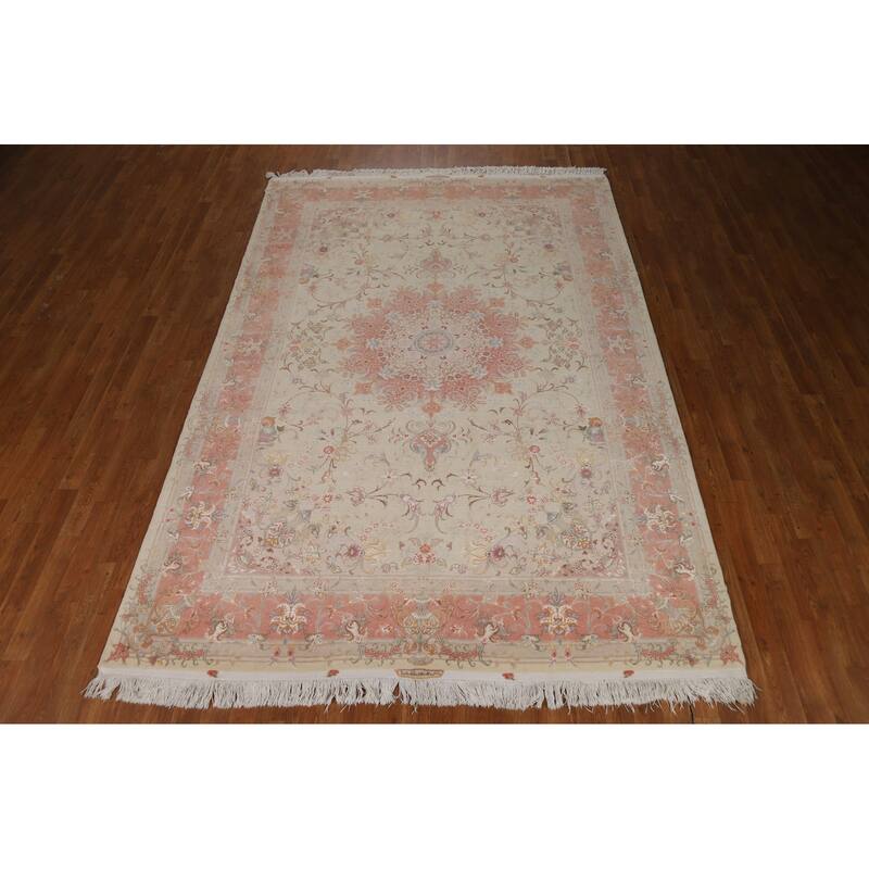 Wool & Silk Tabriz Persian Area Rug Hand-Knotted Floral Carpet - 6'6"x 9'8"