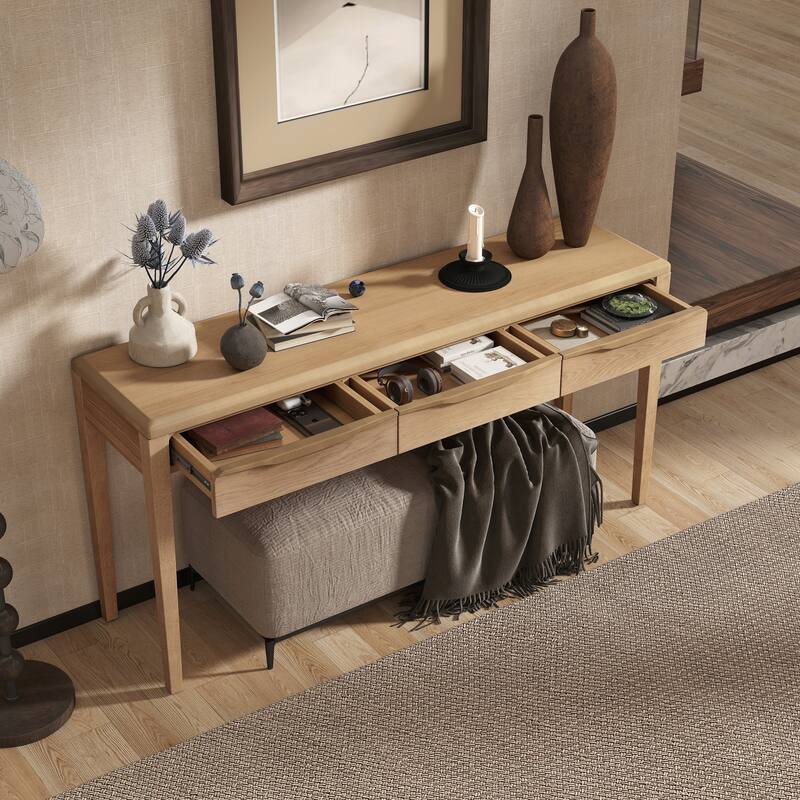 Elegant Console Table with Oak Veneer,Light Luxury Entryway Table with 3 Drawers - Natural