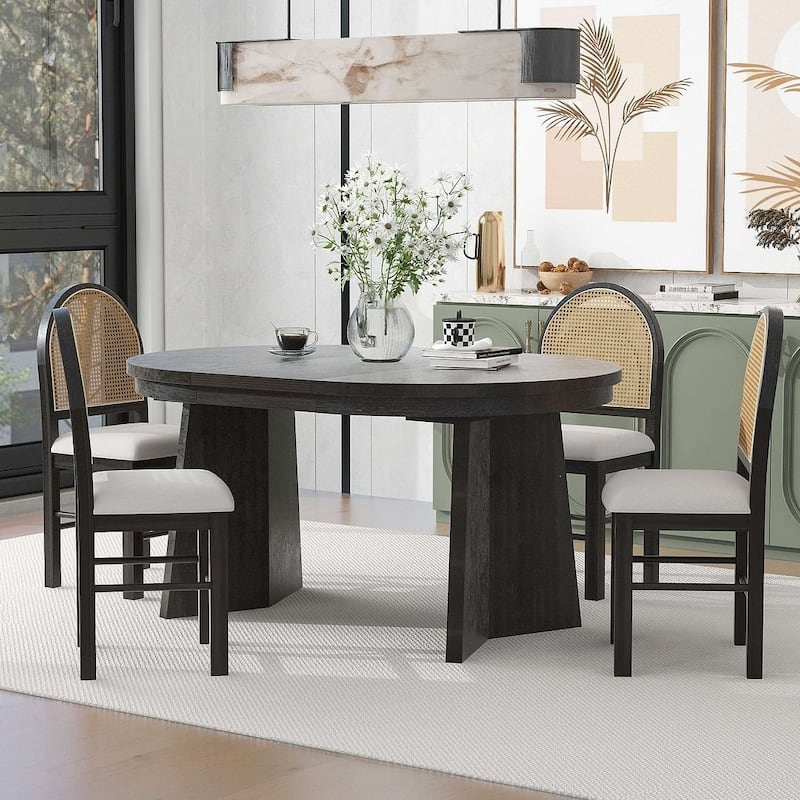 5 PCS Retro Functional Extendable Dining Set for 4 with 4 Upholstered Chairs with Rattan Backrests