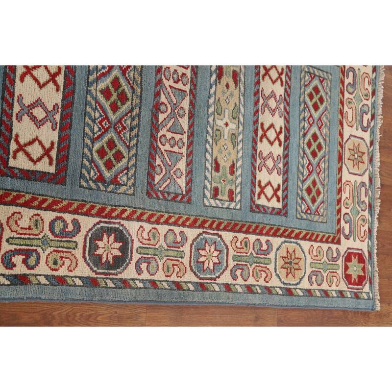 Blue Geometric Kazak Runner Rug Hand-Knotted Traditional Wool Carpet - 3'4" x 16'4"