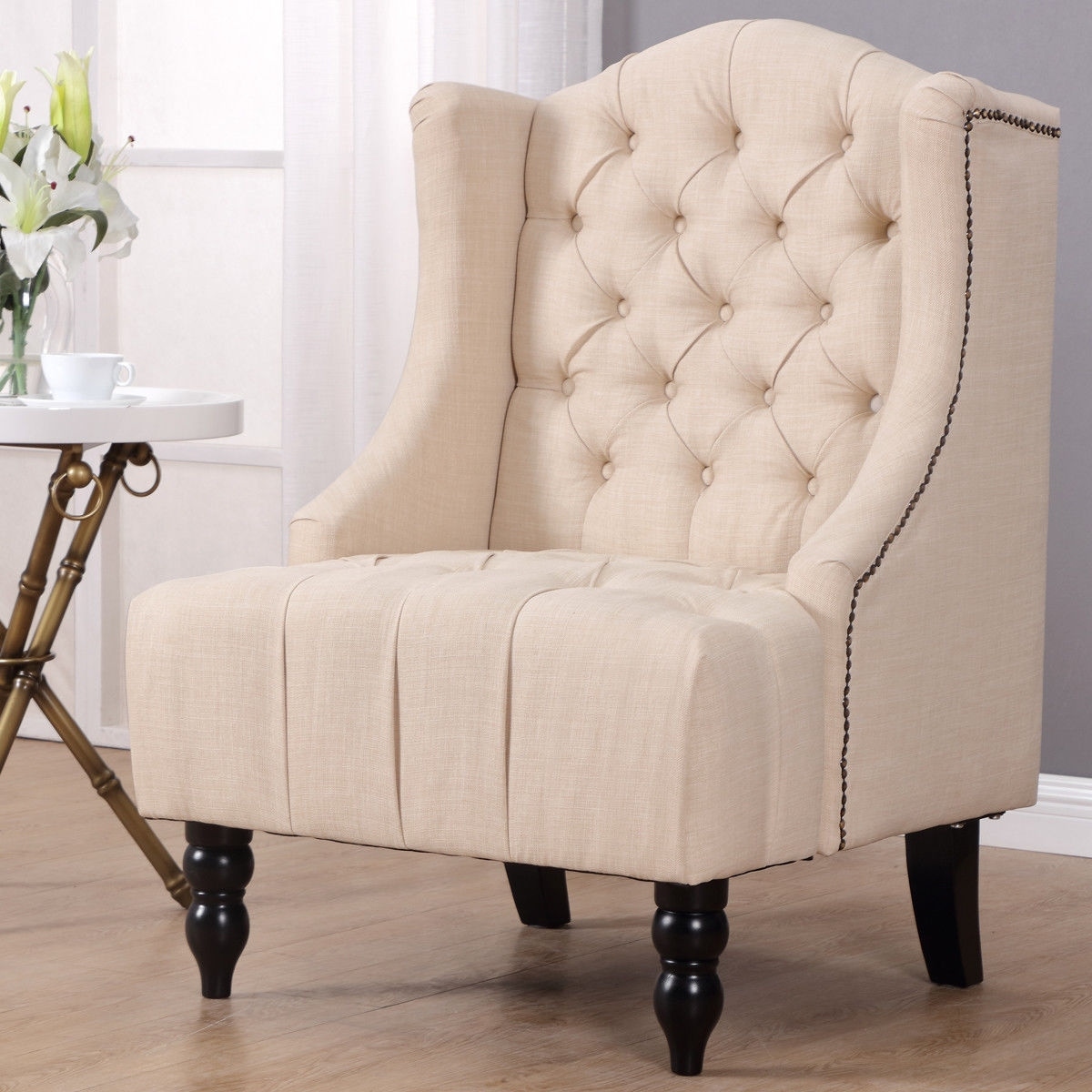 Costway Modern Tall Wingback Tufted Accent Armchair Fabric Vintage Chair Nailhead Beige Overstock 20489051 A pair of wingback chairs flanking a fireplace is • are large or small wings better?