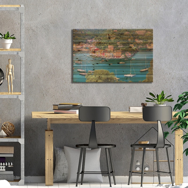 Italy, Liguria, Portofino. Aerial view of town and harbor. Print On Wood by Jaynes Gallery - Multi-Color