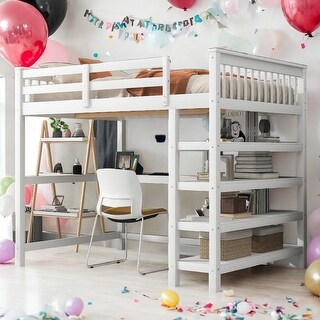 Full Size Loft Bed with Storage Shelves and Under-bed Desk, White