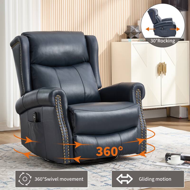 Manual Recliner Chair with Heat & Massage, Genuine Leather Swivel Recliner Chair, Lounge Sofa Chair with Side Pockets - Blue
