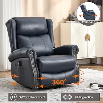 Manual Recliner Chair with Heat & Massage, Genuine Leather Swivel Recliner Chair, Lounge Sofa Chair with Side Pockets