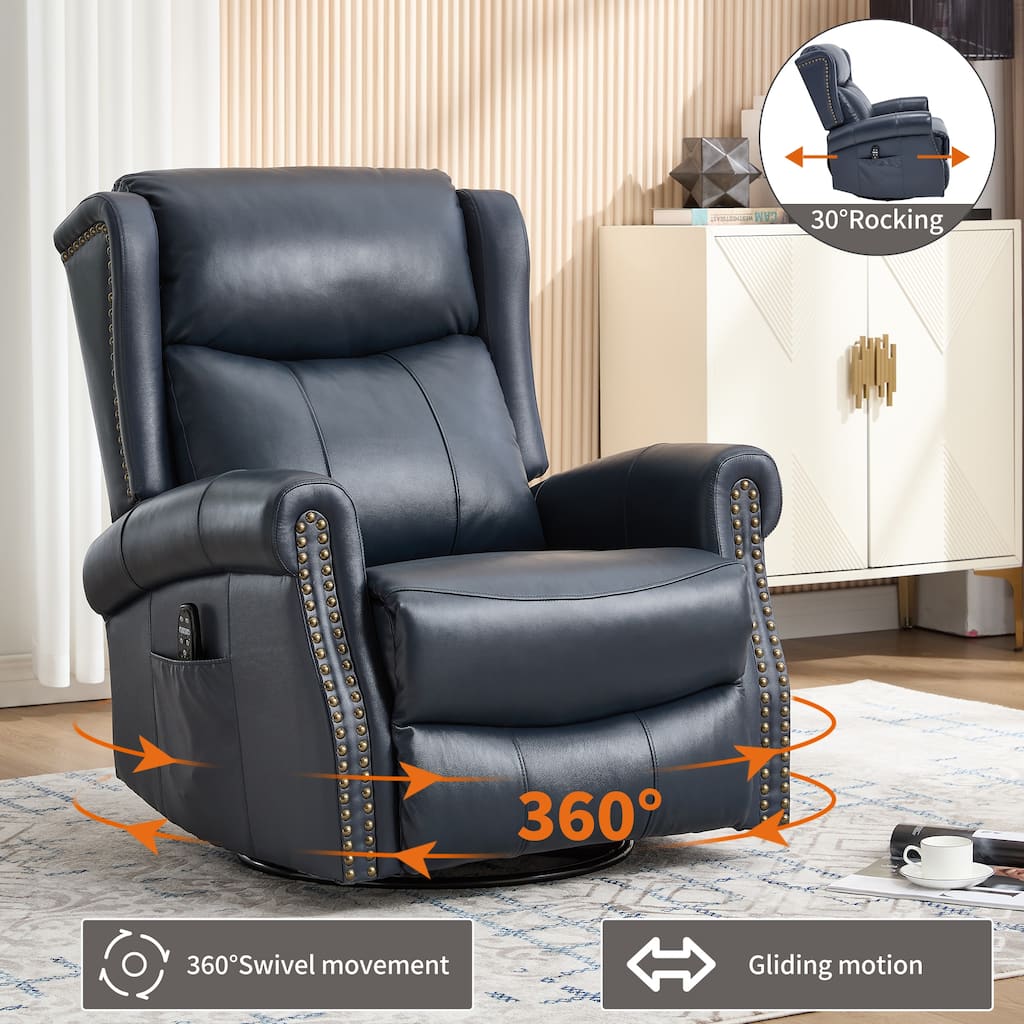 Manual Recliner Chair with Heat & Massage, Genuine Leather Swivel Recliner Chair, Lounge Sofa Chair with Side Pockets