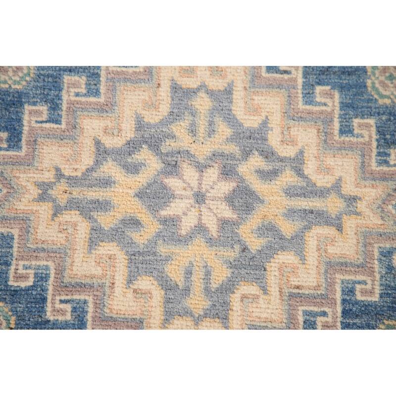 Blue Geometric Kazak Accent Rug Handmade Oriental Wool Carpet - 2'7"x 4'0"