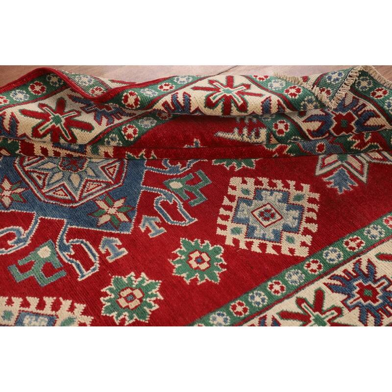 Red Kazak Oriental Area Rug Hand-Knotted Geometric Wool Carpet - 5'0" x 6'7"