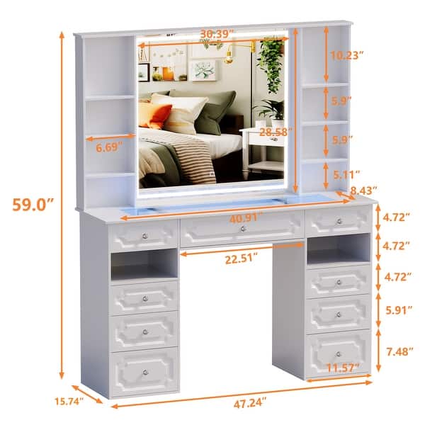 dimension image slide 0 of 4, White/ Black Makeup Vanity with Lighted Mirror,Extra Large Vanity Desk with 9 Drawers,European Style Vanities