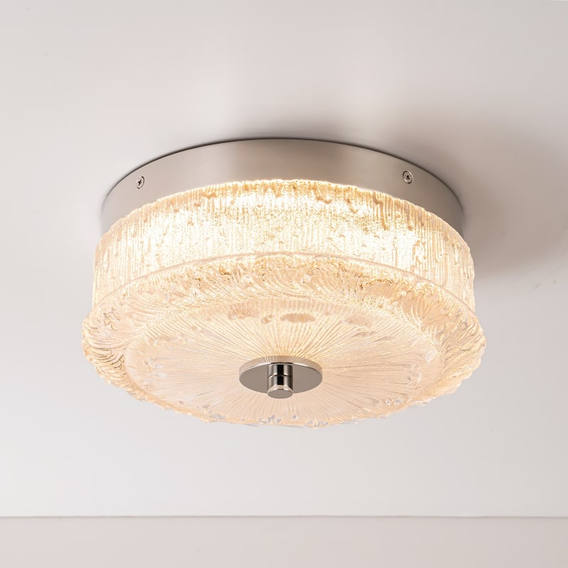 Mid-Century Modern Chrome Dome Round Cage Dimmable Integrated LED Textured Glass Flush Mount Light - Silver