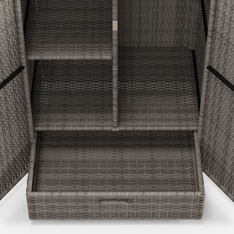 Outsunny Outdoor PE Rattan Wicker Towel Rack & Pool Toy Cabinet, Hot Tub Accessory Storage with Two Doors, Freestanding Cabinet