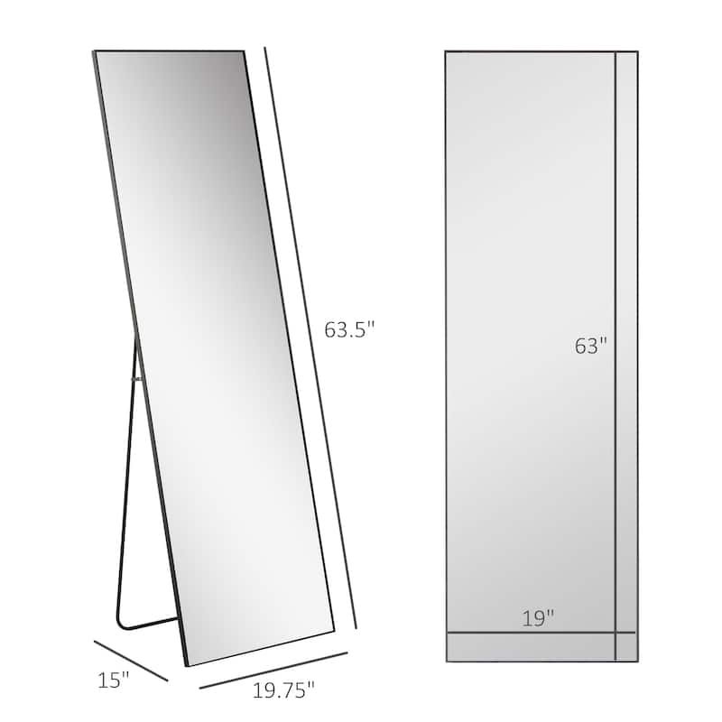 Black Aluminum Alloy Full-Length Dressing Mirror with Steel Bracket - 19.75" W x 63.5" H x 0.75" T