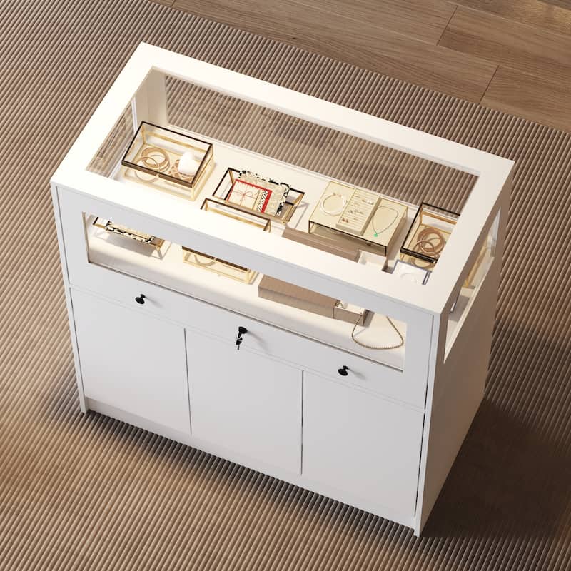 Jewelry and Display Cabinet with Glass Top and Secure Storage Dresser