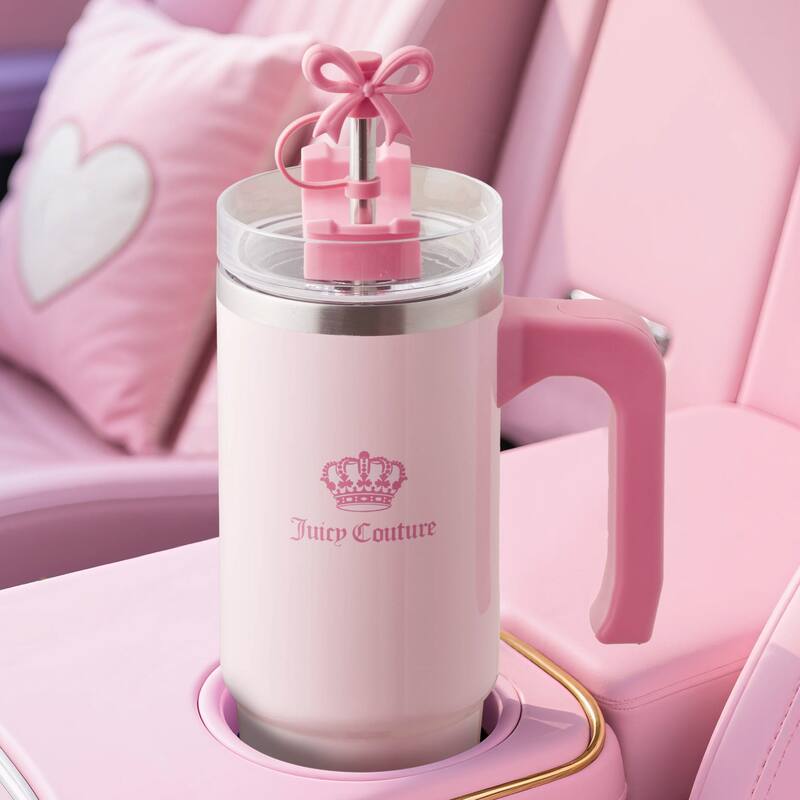 Juicy Couture Jetsetter Hydration Stainless Steel Tumbler with Handle, Straw & Topper with Neoprene Crossbody Pouch