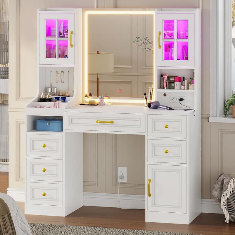 Vanity Desk Touch Screen Mirror Cabinets 6 Drawers 5 Jewelry Hooks - White