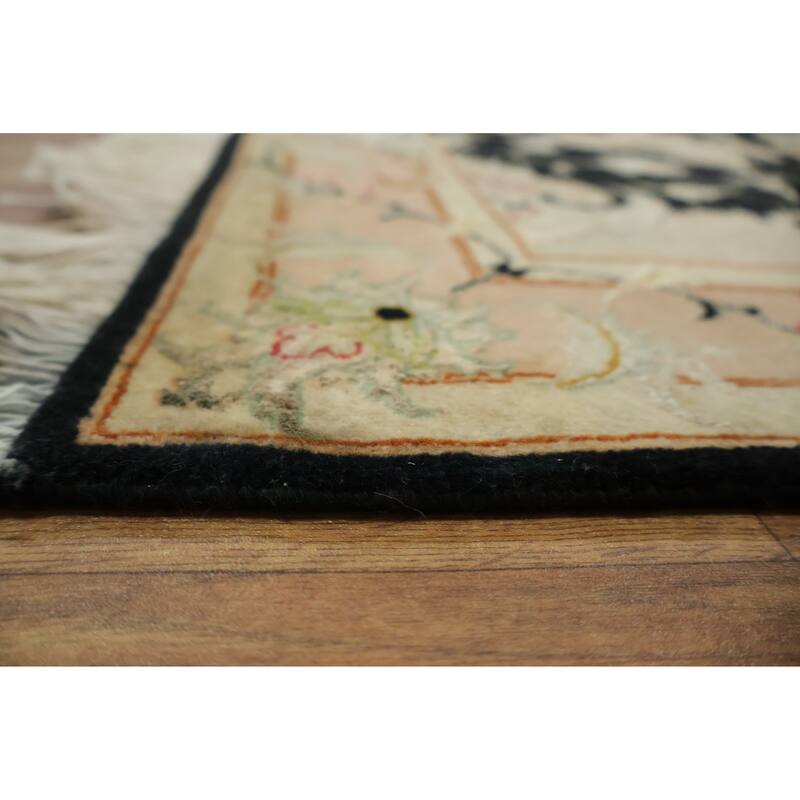 Hand Knotted Oriental Wool & Silk Carpet Traditional Floral Black Tabriz Runner Rug - 13' 5'' X 2' 9''