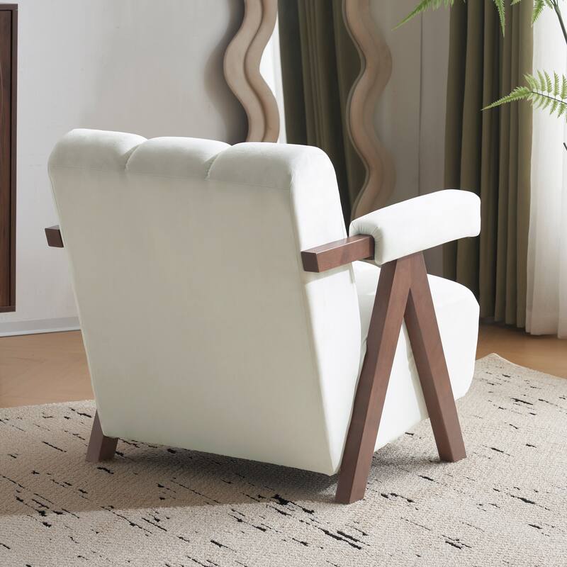Roomfitters Mid-Century Modern Tufted Accent Chair with Walnut Solid Wood Frame and Inverted V-Legs, Ivory