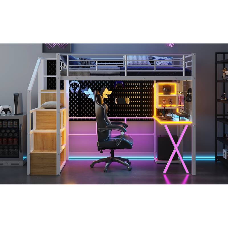 Space Saving Metal Loft Bed with Work Station,Wardrobe,LED Lights,Storage Staircase