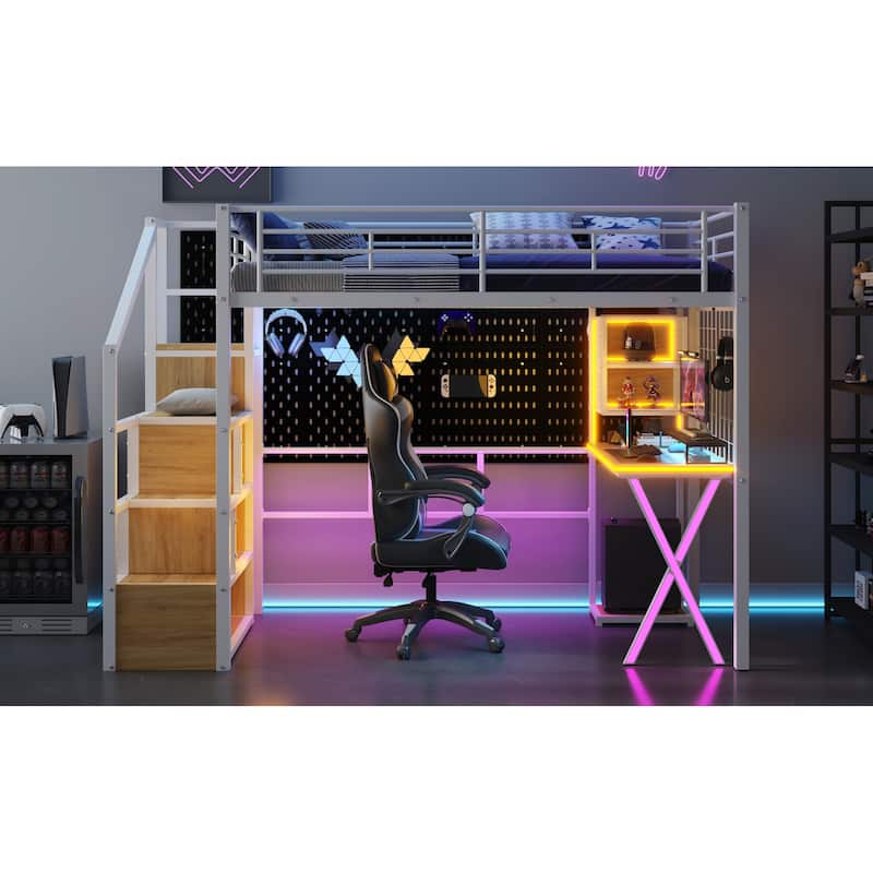 Twin Size Loft Bed with Workstation, Wardrobe, Storage Stairs, and LED Lights, White