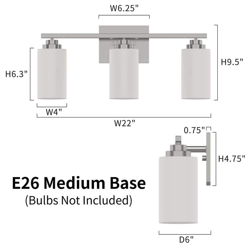 KAWOTI 3-Light Dimmable Bathroom Vanity Light with Frosted White Glass