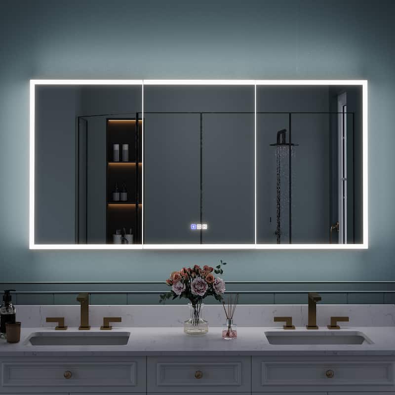 30'' H Recessed or Surface Frameless LED Mirror Cabinet With Defogger, Dimmer, Outlets & USB Ports 