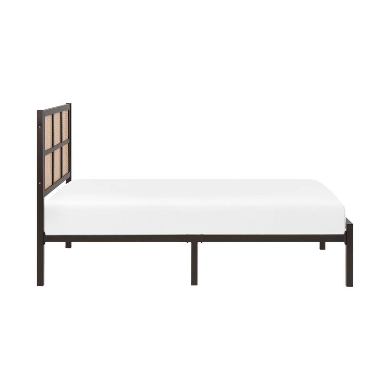 Queen/Full/King/Twin Platform Bed with Faux Cane Headboard, Metal Frame, and Coastal Design.