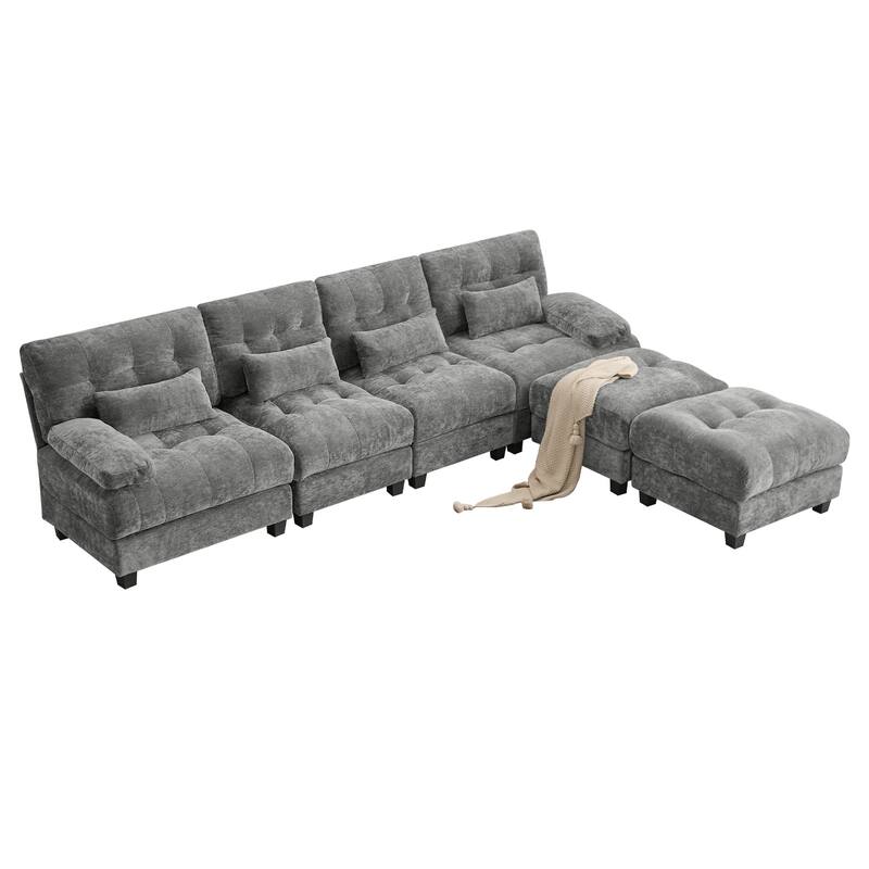 GDFStudio - 4-Seater Adjustable Backrest 119" Chenille Sofa with 2 Ottomans and 4 Throw Pillows