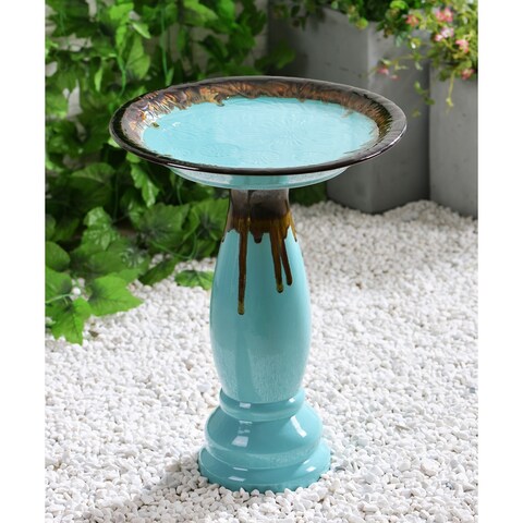 Rumi Blue Glaze Blue Glazed Birdbath - 17" Dia. x 21"H
