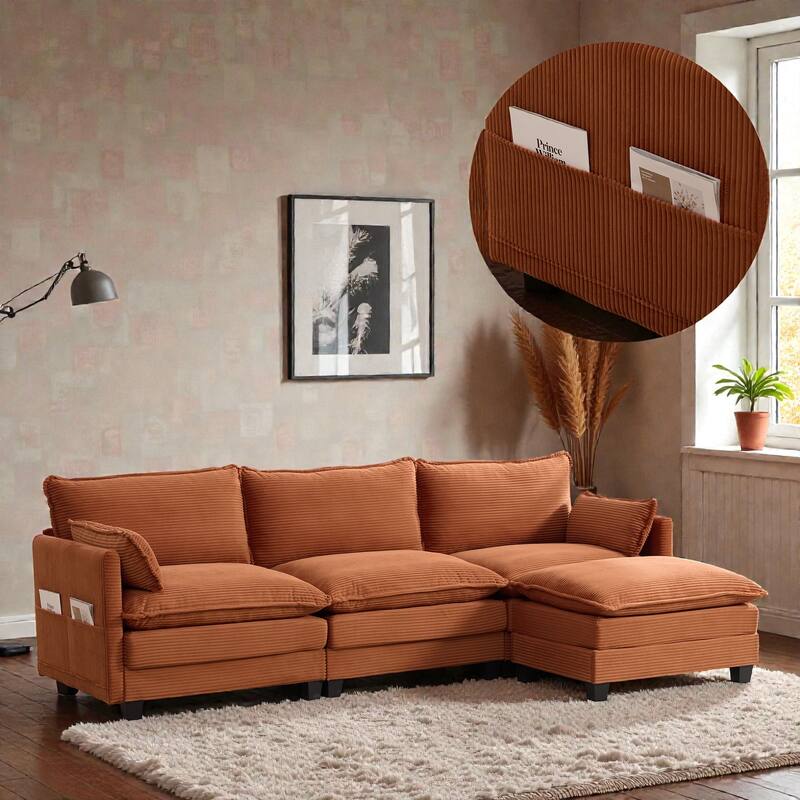 Oversized Modular Sectional Sofa with Ottoman, 102 Inch 4 Seat Corduroy L Shaped Couch for Living Room