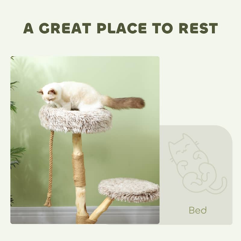 PawHut 35 Inch Moden Cat Tree Tower with Wooden Scratching Post, Brown