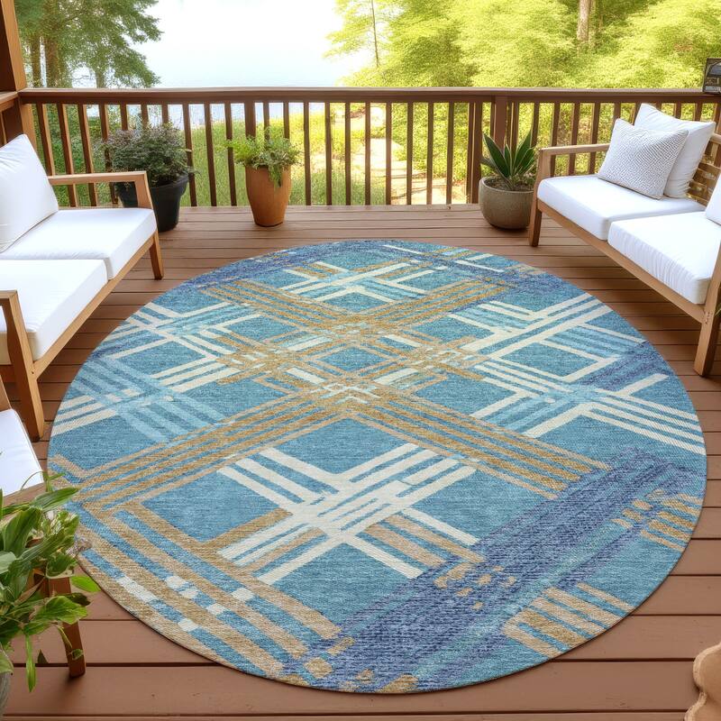Machine Washable Indoor/ Outdoor Modern Trellis Chantille Rug - Teal - 8' x 8'