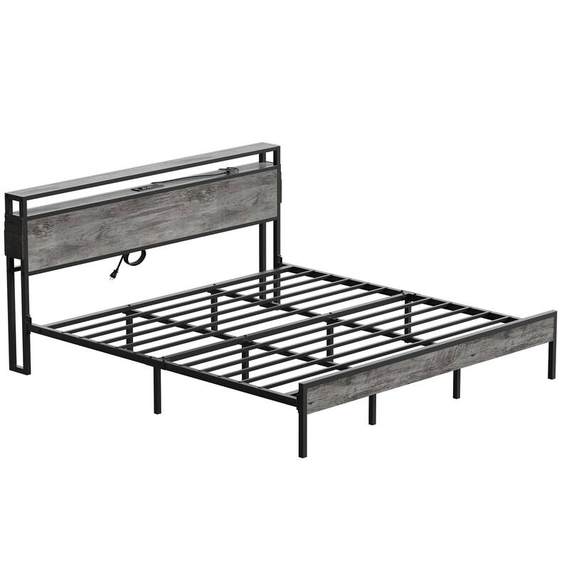 Metal Bed Frame Platform Bed with Storage Headboard LED Lights and Charging Station