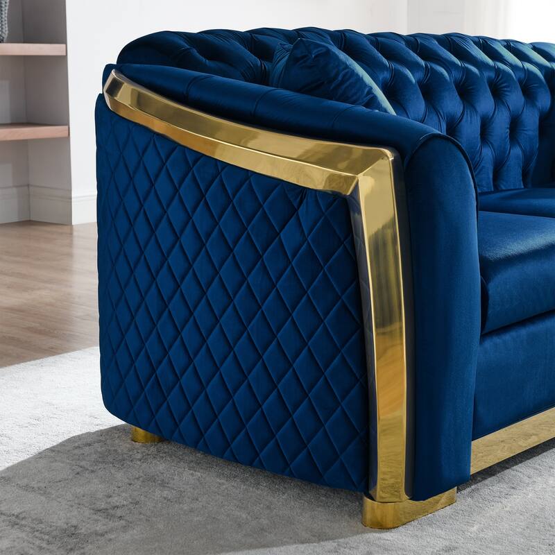 Velvet Chesterfield Sofa Set - 3-Seat Tufted Couch with Gold Stainless for Living Room