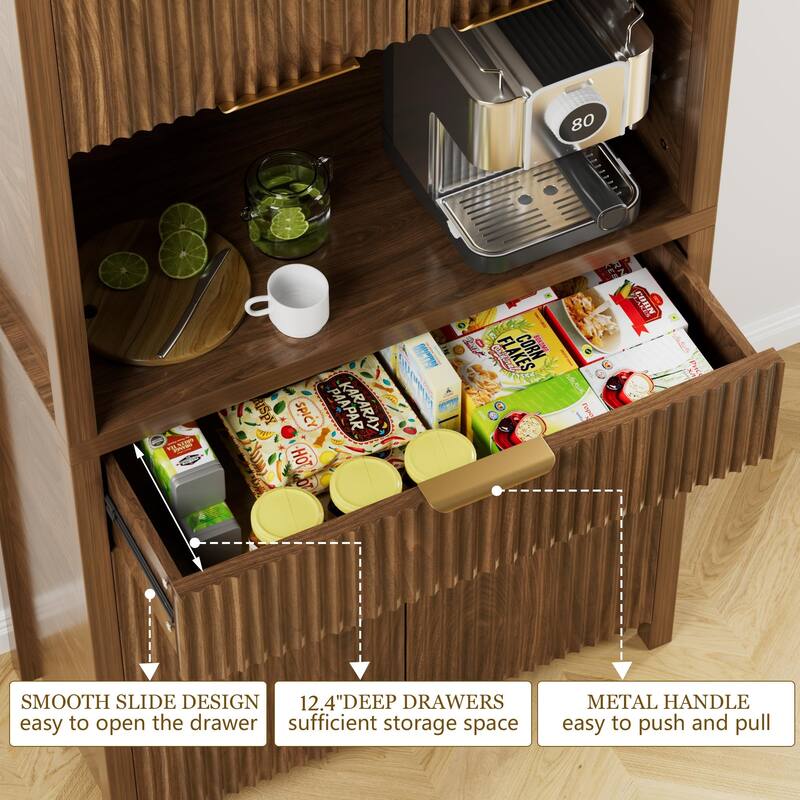 71"Pantry Storage Cabinet with Drawer, Charging Station and Open Countertop for Dining Living Room