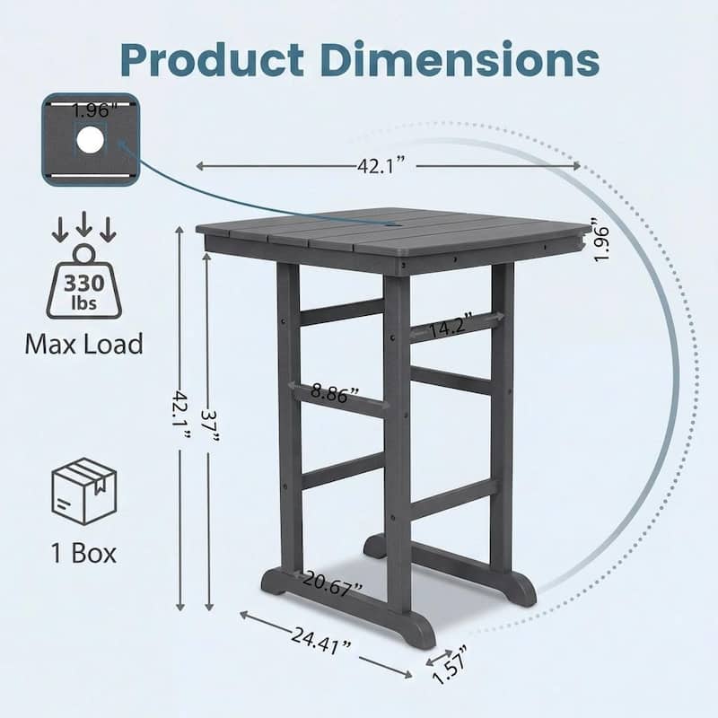 HDPE Bar-Height Outdoor Patio Pub Table, 42.1" Square High Top Bistro Table with Umbrella Hole, Weather-Resistant Slatted Top