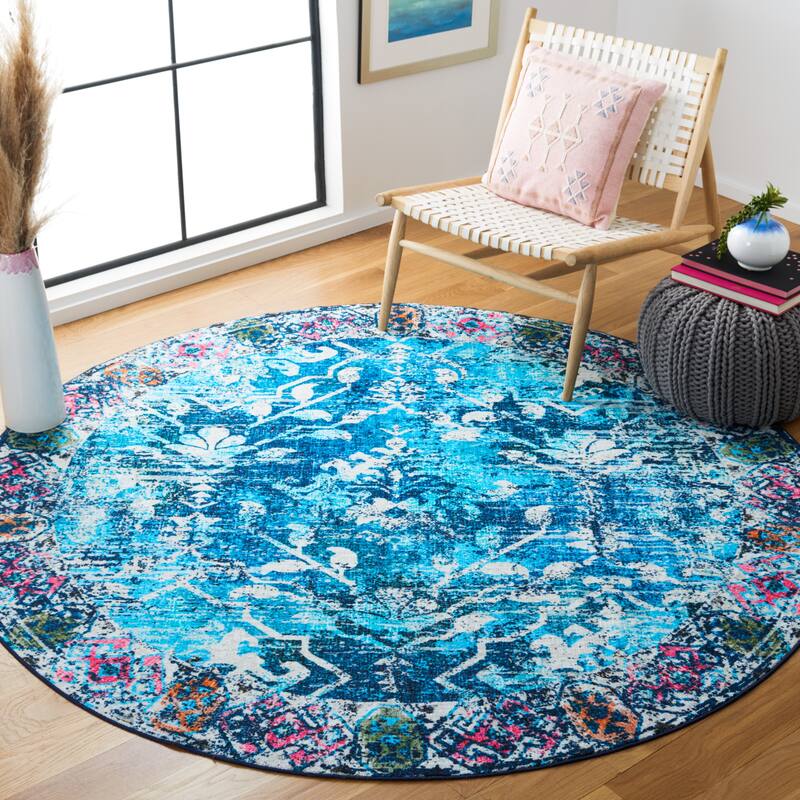SAFAVIEH Paint Brush Machine Washable Slip Resistant Elvezia Rug - 6'7" Round - Navy/Light Blue