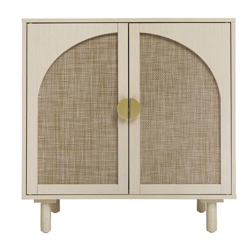 Rattan Decorative Cabinet Dining Cabinet with Semicircular Metal Handles, Rustic Credenza Console Cabinet