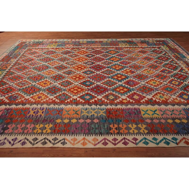 South Western Kilim Oriental Area Rug Flatweave Geometric Wool Carpet - 10'2" x 13'4"