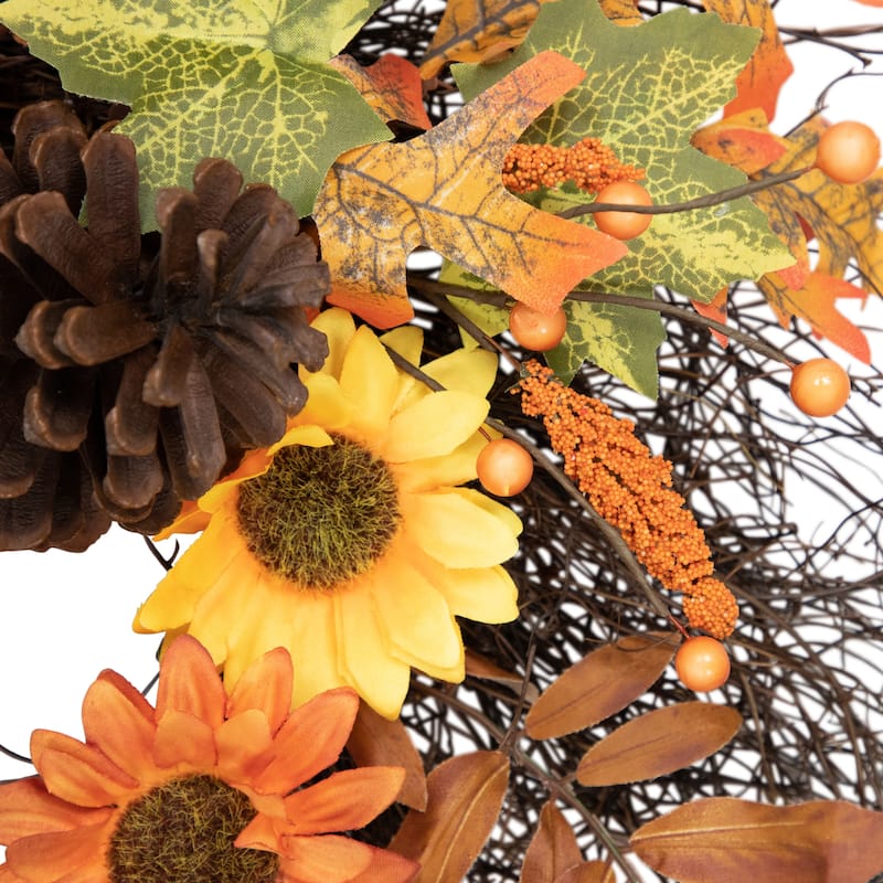 Sunflowers Pine Cones Fall Artificial Thanksgiving Wreath, 24", Unlit