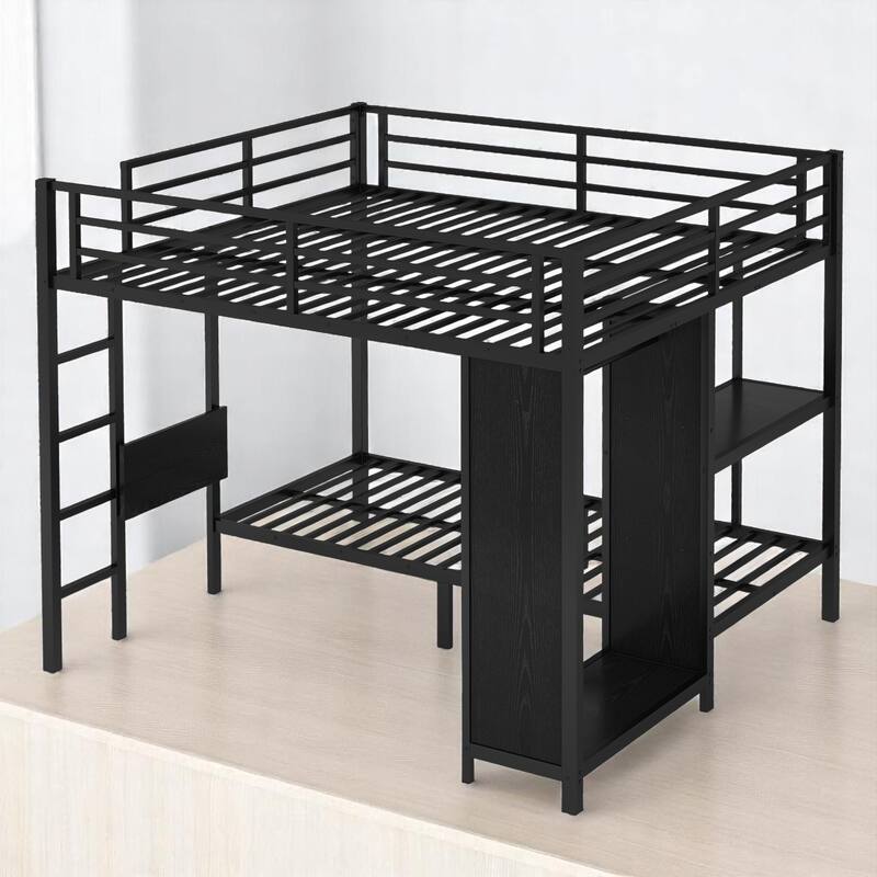 King Over Twin XL Metal Bunk Bed with Wardrobe, Foldable Side Desk & Shelf ,Space-Saving Loft Design with Storage for Bedroom