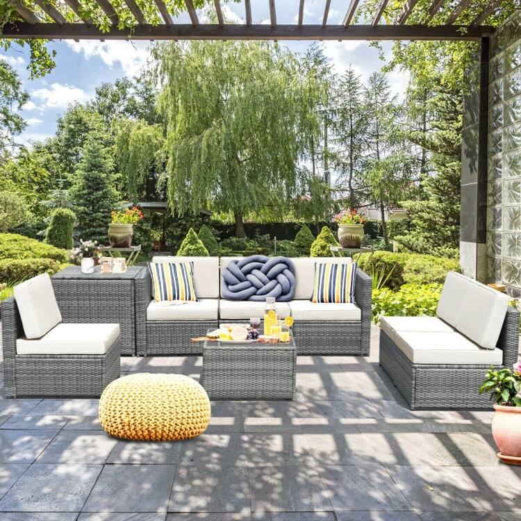 8 Piece Wicker Sofa Rattan Dinning Set Patio Furniture with Storage Table - 23" x 26" x 29.5"