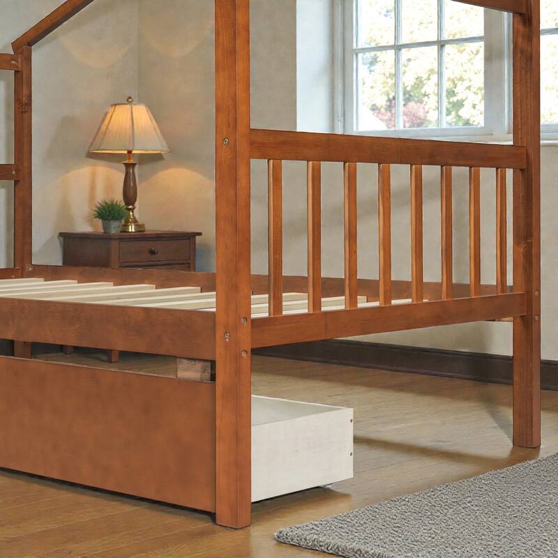 Twin/Full Size Wooden House Bed with Roof and 2 Drawers, Kids Platform Bed with Storage, Solid Pine Frame