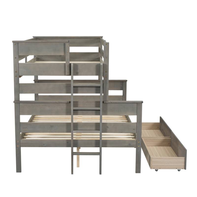 Twin over Full Solid Wood Bunk Bed Slat Support Full Length Guardrail Up Bed Separable Bed Frame with Drawer or Trundle